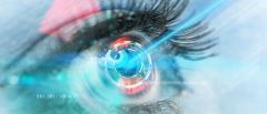Diese Abbildung stellt ein Auge mit blauen Lichtstrahlen dar.