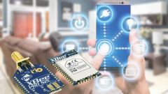 ZigBee Module und im Hintergrund die Smart Home Steuerung über ein Smartphone.