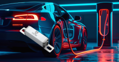 Graphic of EKC25-HV Fuse Series by EATON and a charging station.