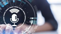 Ein Mikrofon Symbol im Vorder- und eine Person im Hintergrund.