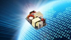 AC/DC Wandler IC auf blauem Hintergrund.